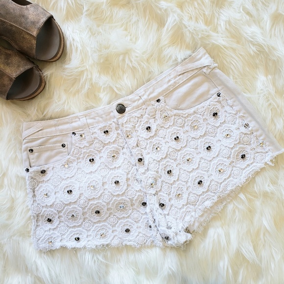 Free People Pants - Free People White Lace Rhinestones Jean Shorts 30